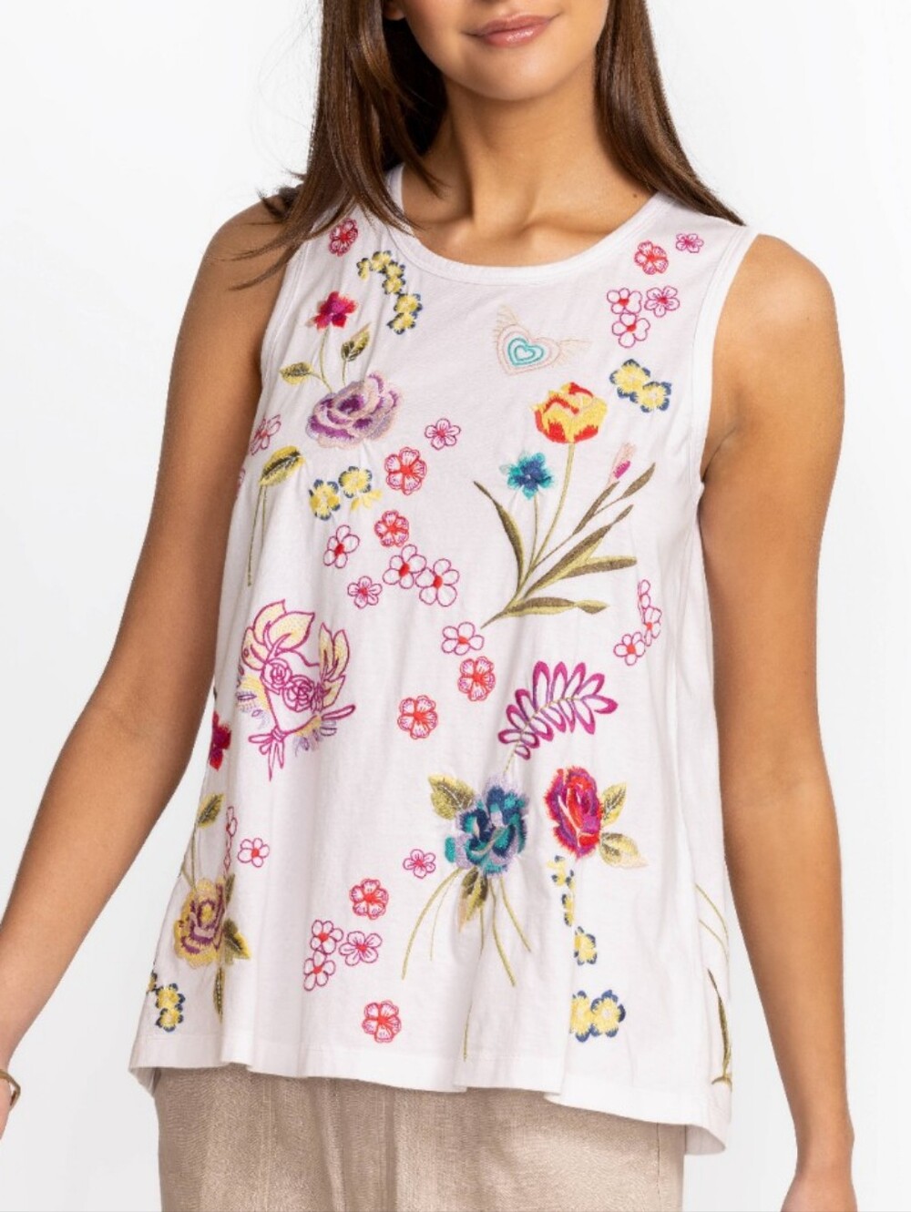 Johnny Was White Floral Embroidered Tank Top Sleeveless Blouse Size Small EUC